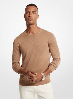 Crafted from pure merino wool, this sweater is a luxe staple piece. It’s warm yet lightweight—perfect for layering throughout the seasons. Style it with casual separates or office-ready pieces. Versatile Merino Wool Sweater For Fall, Versatile Fine Knit Sweater For Layering, Beige Sweater For Business Casual Fall, Beige Merino Wool Top For Layering, Merino Wool Sweater For Spring Workwear, Spring Merino Wool Sweater For Work, Fall Merino Wool Tops For Business Casual, Fine Knit Merino Wool Sweater For Layering, Brown Merino Wool Top For Layering