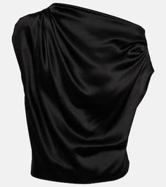 Draped one-shoulder silk top in black - The Sei | Mytheresa Elegant One-shoulder Silk Blouse, Elegant One Shoulder Silk Blouse, One-shoulder Silk Blouse For Party, Chic Draped Satin Top, Draped Satin Top For Evening, Evening Draped Satin Top, Asymmetrical Satin Top For Night Out, Silk One Shoulder Top For Evening, Chic Silk One Shoulder Top For Evening