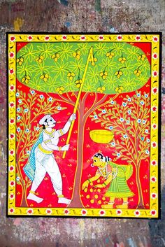 A scroll showing a village man plucking fruits from a mango tree. Cheriyal Art, Ethnic Aesthetic, Painted Masks, Buddha Painting Canvas, Human Sketch, Ipad Painting