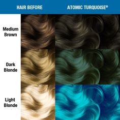 NOW AVAILABLE IN 8 OZ SIZE! *Select 8 oz or 4 oz size from the dropdown menu to choose your player! GUILT-FREE GLAMOUR!®Atomic Turquoise is a bright, neon, radiant aqua blue hair dye with green undertones. This color can add turquoise tones to virgin, unbleached hair, but looks brightest when hair is lightened to the lightest level 10 blonde. We recommend toning hair that has yellow tones before use to avoid undesired hues. How many 4oz containers of Manic Panic hair color should I buy? Short Ha Denim Blue Hair, Lightening Hair, Manic Panic Hair Color, Manic Panic Hair, Bad Boys Blue, Emerald Hair, Dye Eyebrows, Green Hair Dye, Short Hair Up