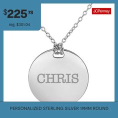 Treat yourself or a loved one to personalized jewelry with this classic name pendant necklace. Made from Sterling Silver, it features a monogrammble circle pendant on a cable chain.Features: Personalized, MonogrammableJewelry Closure: Spring Ring ClaspLink Construction: SolidShape: CircleMetal Color: WhiteChain Length: 18 InchChain Width: 1.25 MillimetersPendant Length: 19mmPendant Width: 19mmChain Construction: CableMetal: Sterling SilverNecklace Type: Pendant NecklacesAssembled in the US from… Classic Round Jewelry For Personalized Gift, Classic Round Name Necklace For Anniversary, Classic Name Necklace For Anniversary, Classic Round Engraved Name Necklace, Classic Anniversary Name Necklace, Classic Personalized Round Pendant Name Necklace, Classic Round Name Necklace As Gift, Classic Engraved Round Pendant Name Necklace, Classic Round Pendant Name Necklace