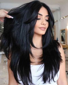 In need of a simple yet winning look? Browse through this list as the magic of black hair gets revealed. Layered Hair With Bangs, Jet Black Hair, Really Long Hair, Black Hair Color, Long Layered Haircuts, Hair Colours, Long Layered Hair, Haircuts For Long Hair, Hair Color For Black Hair