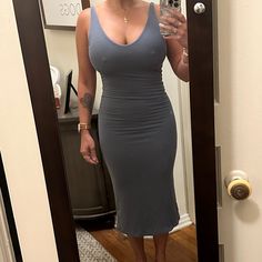 I Bought This Dress At A Very Recent Sample Sale, So While It Is Brand New, It Does Not Have Any Labels Or Tags. The Color Is Called Demin (A Slate Blue/Grey), And The Ribbed Material Is Super Soft, Stretchy, And Thick (Not See Through). I Wasn’t Able To Try It On Beforehand, But When I Finally Did At Home I Felt It Was Just A Bit Too Snug On My Body. I’d Love To Pass This Along To Someone In The Market For A Cute & Casual Dress You Can Run Errands In. It’s Currently Still Available On The Websi Gray Stretch Midi-length Dress, Gray Stretch Midi Dress, Casual Gray Midi Bodycon Dress, Cute Casual Dress, Cute Casual Dresses, Sample Sale, Slate Blue, Blue Gray, Women Fashion