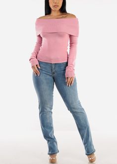 Pink Color
 Available in other colors. 
Solid. 
Long Sleeve. Slip on style. No pockets. Off Shoulder.  Knit Material made from 52% Viscose, 30% Polyester, 18% Nylon Hand wash cold; Dry Flat Length from high point of shoulder to hem 19".   Imported
Measured from and model wearing size Small 
 SKU: 41028H_90221WJPNK Fitted Tops For Cold Weather, Chic Winter Tops With Pockets, Trendy Knit Tops With Pockets, Pink Ribbed Outerwear For Fall, Fitted Ribbed Top For Cold Weather, Knit Tops With Pockets For Fall, Fall Knit Tops With Pockets, Trendy Stretch Tops With Pockets, Ribbed Casual Tops For Cold Weather