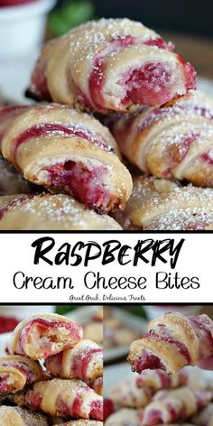 raspberry cream cheese bites are stacked on top of each other and ready to be eaten