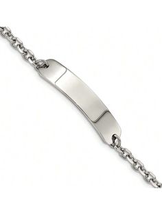 Identify yourself, remember a special person or display a meaningful message with this women's 8-inch ID bracelet. It is crafted from polished stainless steel and features a 49mm (1 7/8 inch) long by 10mm (3/8 inch) wide center ID plate. It is, of course, suitable for engraving. The 5mm width cable chain closes with a fancy lobster clasp.The Black Bow Women's Stainless Steel Cable Link I.D. Bracelet, 8 Inch Gray    Stainless Steel     Women Fashion Jewelry, size features are:Bust: ,Length: ,Slee Everyday Stainless Steel Nameplate Jewelry, Modern Personalized Stainless Steel Jewelry, Hypoallergenic Stainless Steel Jewelry, Modern Stainless Steel Jewelry With Extender, Stainless Steel Bracelets With Polished Finish For Gifts, Modern Engraved Stainless Steel Chain Bracelet, Adjustable Stainless Steel Chain Bracelet With Polished Finish, Adjustable Nameplate Stainless Steel Jewelry, Stainless Steel Chain Bracelet With Polished Finish As Gift