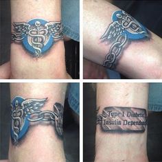 four different tattoos on the arms of people with chains and medical symbols around their ankles