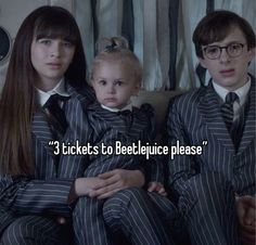 three people in suits sitting on a couch with the caption 3 tickets to beetlejuice please