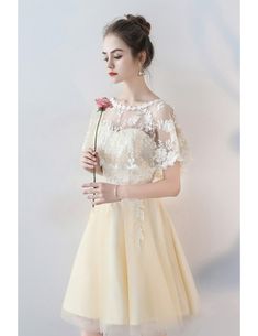 Champagne Aline Tulle Short Party Dress with Lace Cape Sleeves #BLS86063 - GemGrace.com Lace Cape, Short Party Dress, Cape Sleeves, Party Dress Short, Dress With Lace, Lace Dress, Cape, Champagne, Party Dress