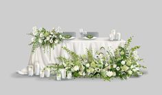 an arrangement of flowers and candles on a table with a white cloth draped over it