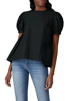 Cotton poplin, summer black blouse. Ties closed in the back, semi open. Can be worn forward or backward. Fabric: Mid-weight, non-stretch poplin Cropped top with puffed short sleeves Ruched side panels Open back with two back ties Crew neck Shell: 100% cotton Dry clean Made in the USA Black Cotton Short Sleeve Top For Summer, Short Sleeve Poplin Blouse For Work, Poplin Short Sleeve Workwear Blouse, Summer Poplin Short Sleeve Tops, Black Cotton Puff Sleeve Top For Summer, Short Sleeve Poplin Tops For Work, Black Short Sleeve Cotton Blouse, Black Puff Sleeve Top For Spring, Fitted Black Cotton Puff Sleeve Top