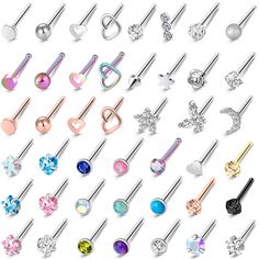 PRICES MAY VARY. WHAT YOU GET - You will get 44 pcs straight nose rings come with a plastic box, include heart, moon, butterfly, cz diamond, round ball and more styles, different color nose jewelry perfect for your daily outfit, will be a great options to customize the look you want. HYPOALLERGENIC MATERIAL - Cute nose rings studs are made of 316L stainless steel and cubic zirconia, highly polished, smooth surface, friendly for the sensitive skin, ensure to long time wear. STANDARD SIZE - The st Nose Stud Sizes, 18g Nose Ring, Small Nose Studs, Cute Nose Rings, Piercings Jewelry, Straight Nose, L Shaped Nose Ring, Nose Rings Studs, Small Nose