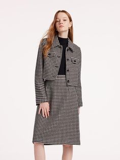 Elegant Spring Tweed Jacket With Houndstooth Pattern, Tailored Skirt Suit For Fall Business Casual, Chic Plaid Wool Blazer, Tweed Skirt Suit For Business In Fall, Elegant Houndstooth Outerwear For Office, Classic Wool Long Sleeve Skirt Suit, Spring Wool Outerwear For Office, Elegant Houndstooth Office Outerwear, Fall Workwear Skirt Suit With Suit Collar