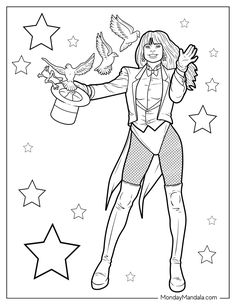 a coloring page with a woman holding a bucket and flying birds