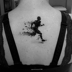 the back of a woman's neck with a black and white photo of a man running