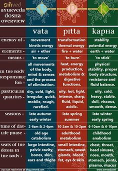 DOSHA OVERVIEW - Ayurveda, the traditional medicine of India originating over 5,000 years ago, says health is about finding balance in the body, mind, and spirit through nutrition, lifestyle, and exercise. It describes our life energy as 'dosha'  which it says circulates in the body and determines our physiological activity. There are three doshas: vata, pitta, and kapha. Do you know yours? Ayurveda Pitta, Ayurveda Kapha, Ayurveda Dosha, Ayurveda Massage, Ayurveda Vata, Vata Pitta, Nutrition Lifestyle, Ayurvedic Therapy, Ayurvedic Diet