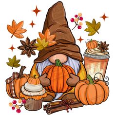 an image of a gnome with pumpkins and coffee