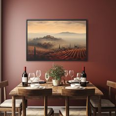 a painting hanging on the wall above a dining room table with wine glasses and place settings