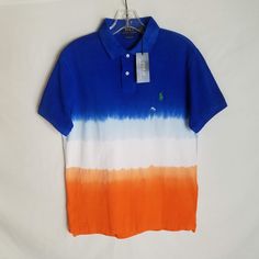 NEW Polo Ralph Lauren Mens Custom SLIM Fit Tie Dye Polo Shirt Size Medium - A605 New with Tag Size Medium (Custom Slim Fit) Multicolor (Blue / White / Orange) 100% Cotton Approximate Measurement (Flat Lay) - Chest (pit to pit) measures 20 inches across laying flat - Total length (top of shoulder to bottom) measures 28 inches - Multicolor Summer Polo Shirt, Summer Blue Relaxed Fit Polo Shirt, Orange Cotton Polo Shirt For Summer, Summer Orange Cotton Polo Shirt, Orange Polo Shirt With Polo Collar For Summer, Summer Orange Polo Shirt With Polo Collar, Orange Polo Shirt With Collar For Summer, Summer Orange Polo Shirt With Collar, Polo Design