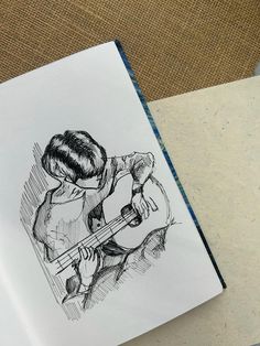 a drawing of a boy holding a guitar in front of his face and looking down at the ground