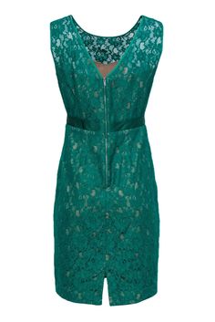 Get gorgeous and green in this classic dress from BCBG! Made with a lace overlay, this fitted cocktail dress is a timeless piece that is sure to be your new party staple. Slip on some sleek pumps for a quick polished look. Size 8 70% Cotton, 30% Nylon Fitted silhouette Illusion neckline Full lace overlay Banded ribbon waist Fully lined Zippered back Waist 29" Bust 35" Total length 39" Green Lace Bodice Evening Dress, Elegant Party Lace Dress With Back Zipper, Spring Party Lace Dress With Back Zipper, Elegant Green Sleeveless Lace Dress, Spring Green Dresses With Lace Bodice, Fitted Green Dress With Lace Bodice, Elegant Spring Lace Dress With Back Zipper, Chic Green Lace Dress, Green Lace Evening Dresses