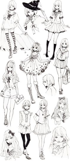 Different Poses & Clothes References. This sheet has a lot of nice, simple poses, plus some other helpful references. Clothes Sketches, Manga Clothes, Sketches Art, Anime Fashion, Drawing Clothes