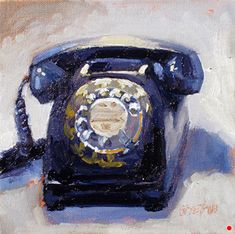 a painting of an old - fashioned telephone on a white background with blue and yellow accents