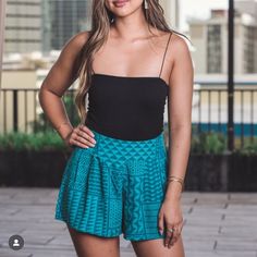 It Has A Flat Front And Side Zipper It Is Made Of Rayon Turquoise Shorts For Beach, Turquoise High Waist Bottoms For Summer, Turquoise Summer Bottoms For Vacation, Summer Turquoise Bottoms For Vacation, Turquoise Bottoms For Spring Vacation, Spring Vacation Turquoise Bottoms, Turquoise Shorts For Spring, Fitted Turquoise Casual Pants, Casual Fitted Turquoise Pants