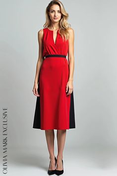 Olivia Mark - Elegant Vibrant Red and Sophisticated Black Midi Dress Elegant Red Midi Dress For Date Night, Chic Red Knee-length Midi Dress, Sleek Red Dress For Formal Occasions, Sleek Red Dresses For Formal Occasions, Sleek Red Formal Dress, Chic Red Dresses For Work, Chic Red Dress For Work, Chic Red Workwear Dress, Chic Red Midi Dress For Work