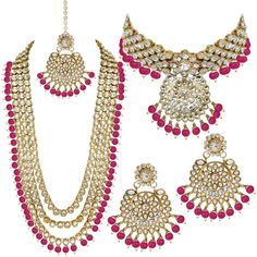 PRICES MAY VARY. Dimension: long necklace length - 26", choker necklace length - 10", necklace width - 3 Inch, earring height - 3 Inch, earring width - 2.25 Inch, mang tika length - 7 Inch and mang tika width - 2.25 Inch QUALITY: This jewellery set is crafted in 18K gold plating intricately designed long beaded brass jewellery set. GIFTING: A perfect gift on the occasions like Wedding, Valentines, Birthdays etc. STYLING TIP: Wear it with a suit or a saree, and lehenga for an ethnic yet classy lo Long Choker Necklace, Wedding Choker Necklace, Bridal Jewelry Pearl Sets, Bridal Pearl Necklace, Bridal Choker, Pearl Bridal Jewelry, Bridal Necklace Set, Pearl Necklace Wedding, Maang Tikka