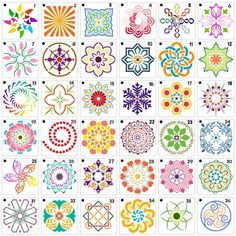 an image of colorful flower designs in different colors and sizes, with numbers on each side