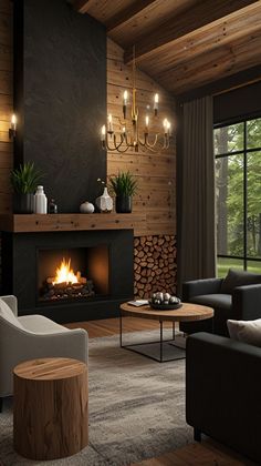 a living room filled with furniture and a fire place next to a large glass window