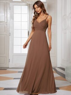 Criss-Cross V-Neck Chiffon Backless A-Line Bridesmaid Dress #color_Brown Open Back Bridesmaid Dress, Romantic Bridesmaid Dresses, Chic Bridesmaid Dresses, Brown Bridesmaid Dresses, Romantic Outdoor Wedding, Indoor Ceremony, Flowy Fabric, Ever Pretty, Floor Length Skirt