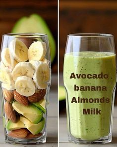 two shots of avocado, banana, almonds and milk