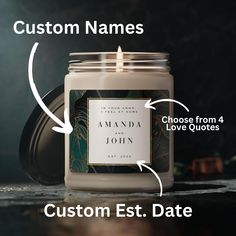 a candle labeled with the names and labels for personalized candles, such as custom candles