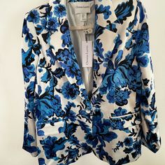 Beautiful Satin Christian Lacroix Blue White Lined Blazer Size Small (Fits Like A Size 4 Or 6) Looks Like A Dolce & Gabbana Style Jacket. Very Polished And Classy Blazer Selling For 20% More On Other Sites. Nwt Condition: New With Tags & Sleeve Buttons Still Paper Covered. Blue Floral Print Spring Blazer, Spring Blue Floral Print Blazer, Elegant Blue Floral Print Outerwear, Blue Floral Print Fall Blazer, Fall Floral Print Blue Blazer, Fall Blue Floral Print Blazer, Lace Blazer Jacket, Ruffle Long Sleeve Blouse, Lace Blazer