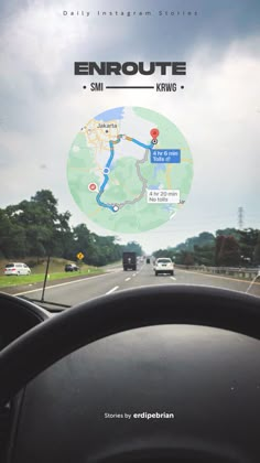 the inside view of a car driving down a road with trees in the background and an info sheet on the windshield