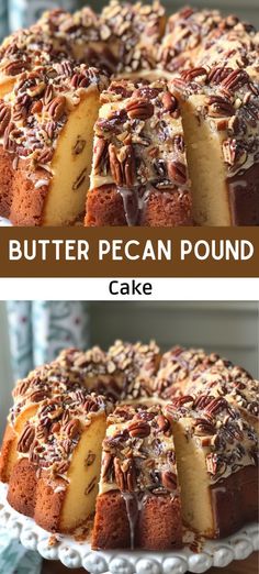 two pictures of a cake with pecan toppings