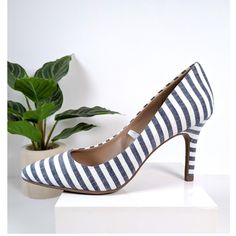 Elevate Your Style With These Chic And Sassy Merona Denim Blue & White Stripe Textile High Heels Stiletto Pumps In Womens Size 7. Heel Height Is 3 1/2" Inches. Comfort Padding And Anti-Slip Sole. The Color Combination Of Blue And White Adds A Pop Of Color To Any Outfit. Whether You're Dressing Up Or Down, These Heels Are Sure To Make A Statement. Get Ready To Step Out In Style With These Merona Stiletto Heels! Excellent, Unworn Condition And No Defects Noted. Stripe Fabric, Stiletto Pumps, Striped Fabrics, High Heels Stilettos, Color Combination, Denim Blue, Shoes Women Heels, Stiletto Heels, White Stripe