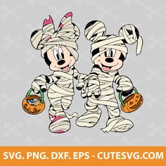 two mickey mouses dressed up in halloween costumes and holding jack - o'- lanterns