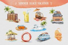 watercolor summer beach vacation clipart set