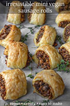 mini vegan sausage rolls on a baking sheet with text overlay that reads, irresistiblely mini vegan sausage rolls