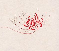 a red flower and two butterflies on a white paper with watermarked lines in the center