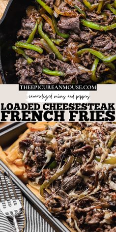 Oven baked french fries topped with seasoned beef, caramelized onions, peppers, and provolone cheese. Philly Cheese Fries, Philly Cheese Steak Fries, Philly Cheesesteak Fries, Cheesesteak Fries, Seasoned Steak, Sautéed Peppers, Sauteed Peppers, Cheese Steak