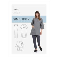 the sewing pattern for an easy tunic and pants is shown in front of a white background