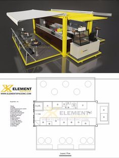 the floor plan for an outdoor kitchen and dining area, with seating areas on each side