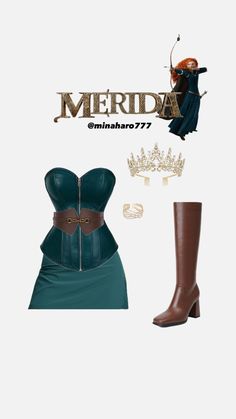 a woman in green dress and brown boots next to an image of the character merida