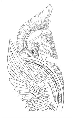 a drawing of an eagle with wings and a helmet on it's head, in black and white