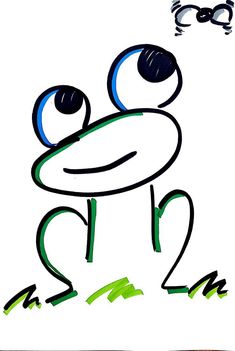 a drawing of a frog with glasses on it's head and one eye open