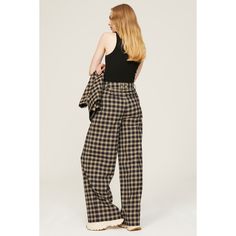 Brown plaid crepe (64% Polyester, 34% Rayon, 2% Spandex). Pants. Front zipper closure. 34" inseam. 13" rise. Imported. Chic Plaid Straight Leg Pants, Chic Plaid Wide Leg Pants, Chic Plaid Bottoms For Business Casual, Chic Plaid Straight Leg Bottoms, Plaid High-waisted Pants For Work, Plaid High-waisted Pants For Business Casual, High-waisted Plaid Pants For Business Casual, Chic High-waisted Plaid Pants, Tailored Plaid Pants For Fall